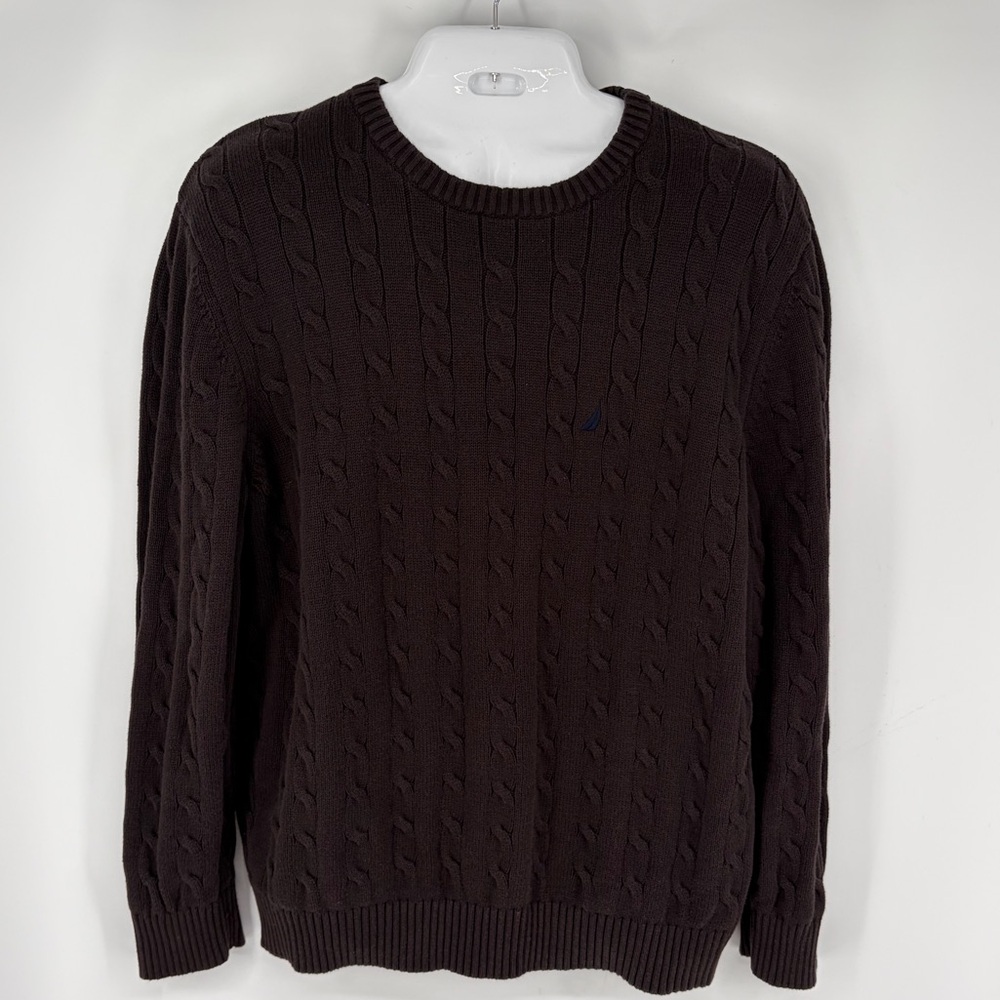 Nautica Men’s Sweater Chocolate Brown Cable-Knit XXL Fisherman Cotton Crewneck